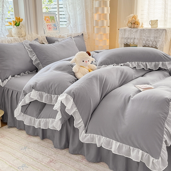 91家纺网 家纺一手货源 找家纺 博弈家纺 2025新款小清新温柔公主风加厚水洗棉床裙床上四件套 花边纯色—奶灰