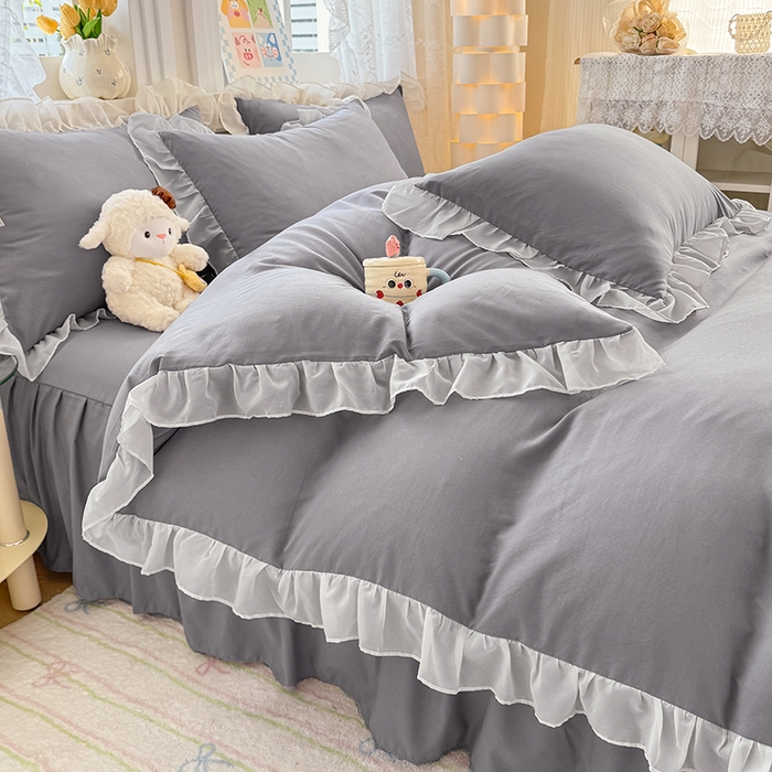 91家纺网 家纺一手货源 找家纺 博弈家纺 2025新款小清新温柔公主风加厚水洗棉床裙床上四件套 花边纯色—奶灰