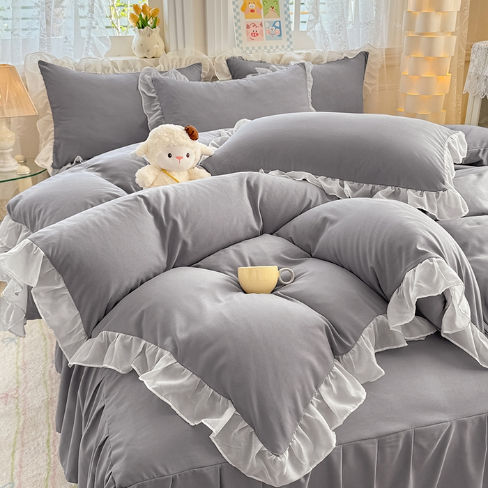 91家纺网 家纺一手货源 找家纺 博弈家纺 2025新款小清新温柔公主风加厚水洗棉床裙床上四件套 花边纯色—奶灰