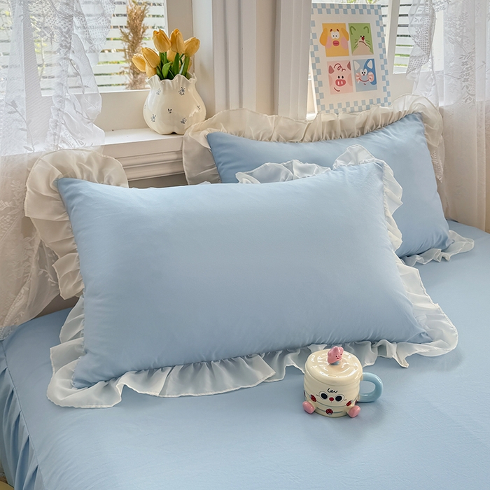 91家纺网 家纺一手货源 找家纺 博弈家纺 2025新款小清新温柔公主风加厚水洗棉床裙床上四件套 花边纯色—奶蓝