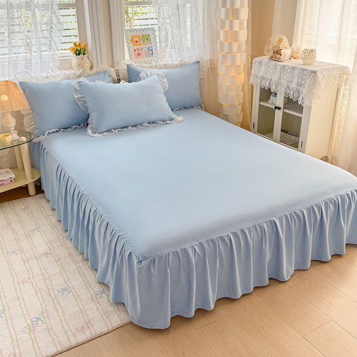 91家纺网 家纺一手货源 找家纺 博弈家纺 2025新款小清新温柔公主风加厚水洗棉床裙床上四件套 花边纯色—奶蓝