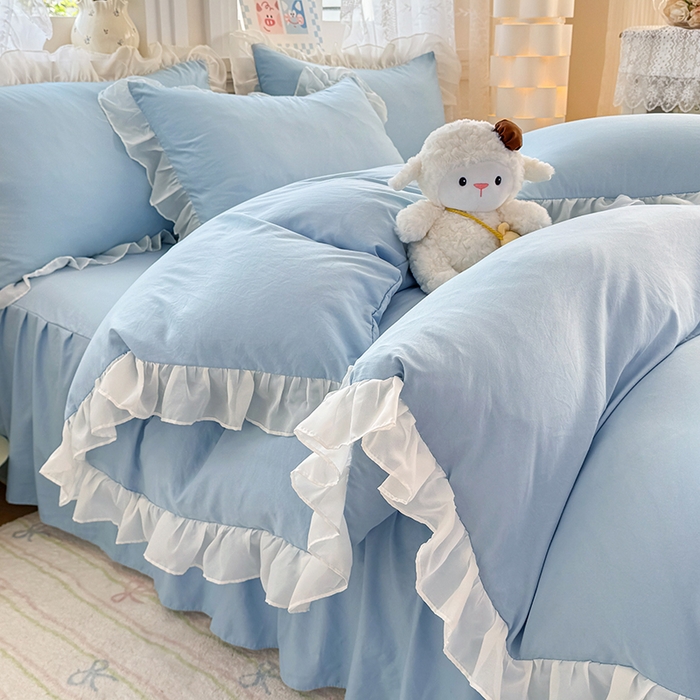 91家纺网 家纺一手货源 找家纺 博弈家纺 2025新款小清新温柔公主风加厚水洗棉床裙床上四件套 花边纯色—奶蓝