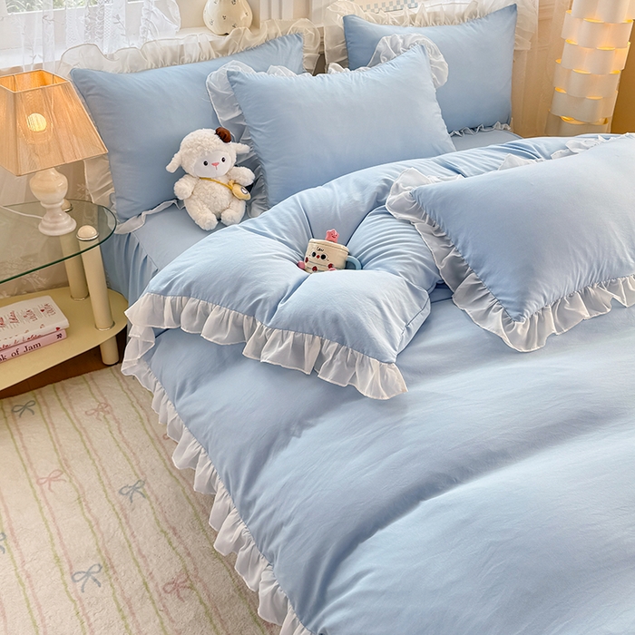 91家纺网 家纺一手货源 找家纺 博弈家纺 2025新款小清新温柔公主风加厚水洗棉床裙床上四件套 花边纯色—奶蓝