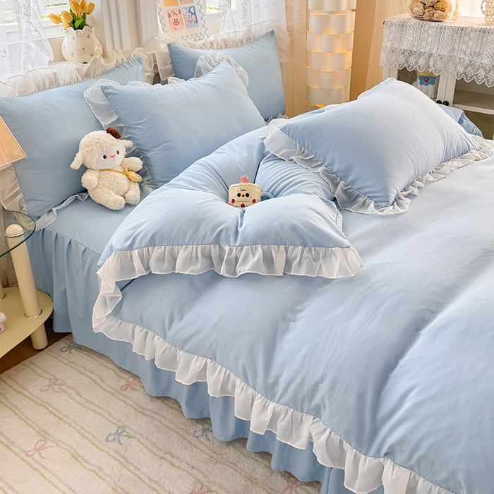 91家纺网 家纺一手货源 找家纺 博弈家纺 2025新款小清新温柔公主风加厚水洗棉床裙床上四件套 花边纯色—奶蓝