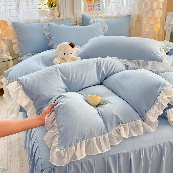 91家纺网 家纺一手货源 找家纺 博弈家纺 2025新款小清新温柔公主风加厚水洗棉床裙床上四件套 花边纯色—奶蓝