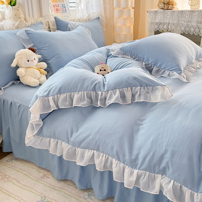 91家纺网 家纺一手货源 找家纺 博弈家纺 2025新款小清新温柔公主风加厚水洗棉床裙床上四件套 花边纯色—奶蓝