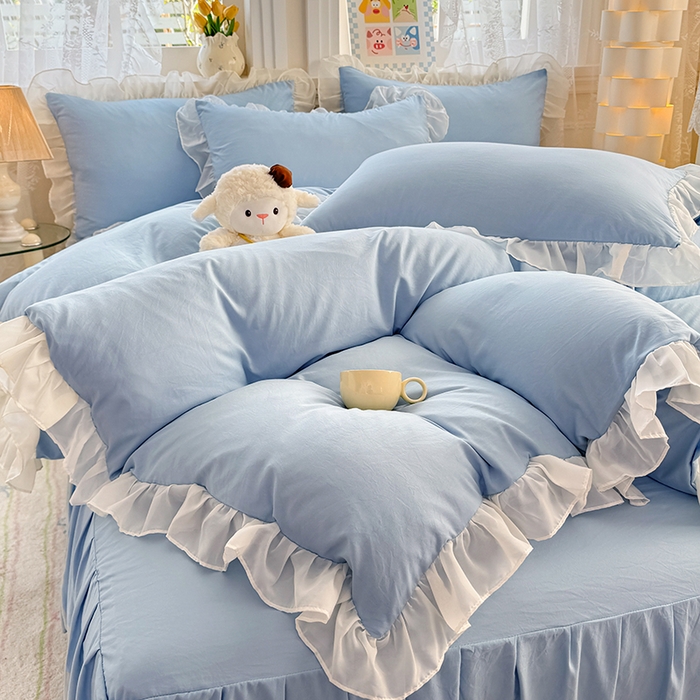 91家纺网 家纺一手货源 找家纺 博弈家纺 2025新款小清新温柔公主风加厚水洗棉床裙床上四件套 花边纯色—奶蓝