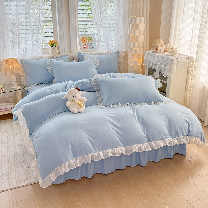 91家纺网 家纺一手货源 找家纺 博弈家纺 2025新款小清新温柔公主风加厚水洗棉床裙床上四件套 花边纯色—奶蓝