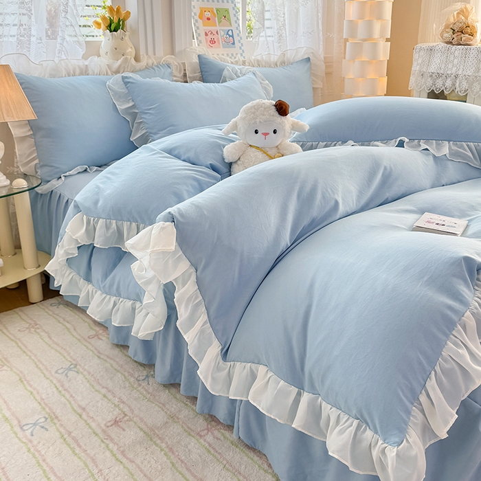 91家纺网 家纺一手货源 找家纺 博弈家纺 2025新款小清新温柔公主风加厚水洗棉床裙床上四件套 花边纯色—奶蓝