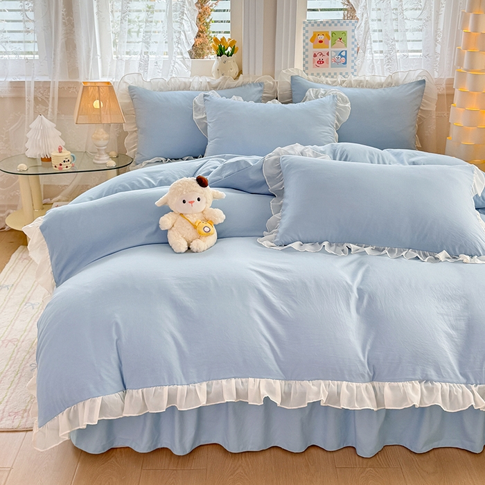 91家纺网 家纺一手货源 找家纺 博弈家纺 2025新款小清新温柔公主风加厚水洗棉床裙床上四件套 花边纯色—奶蓝