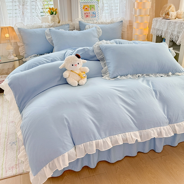 91家纺网 家纺一手货源 找家纺 博弈家纺 2025新款小清新温柔公主风加厚水洗棉床裙床上四件套 花边纯色—奶蓝