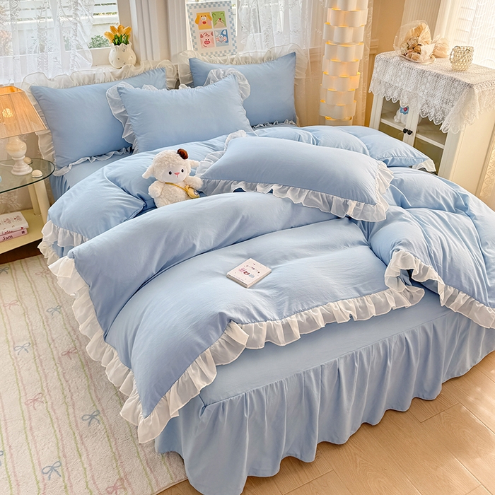 91家纺网 家纺一手货源 找家纺 博弈家纺 2025新款小清新温柔公主风加厚水洗棉床裙床上四件套 花边纯色—奶蓝