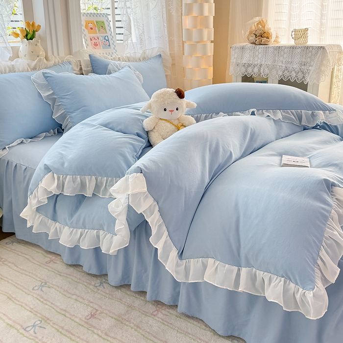 91家纺网 家纺一手货源 找家纺 博弈家纺 2025新款小清新温柔公主风加厚水洗棉床裙床上四件套 花边纯色—奶蓝