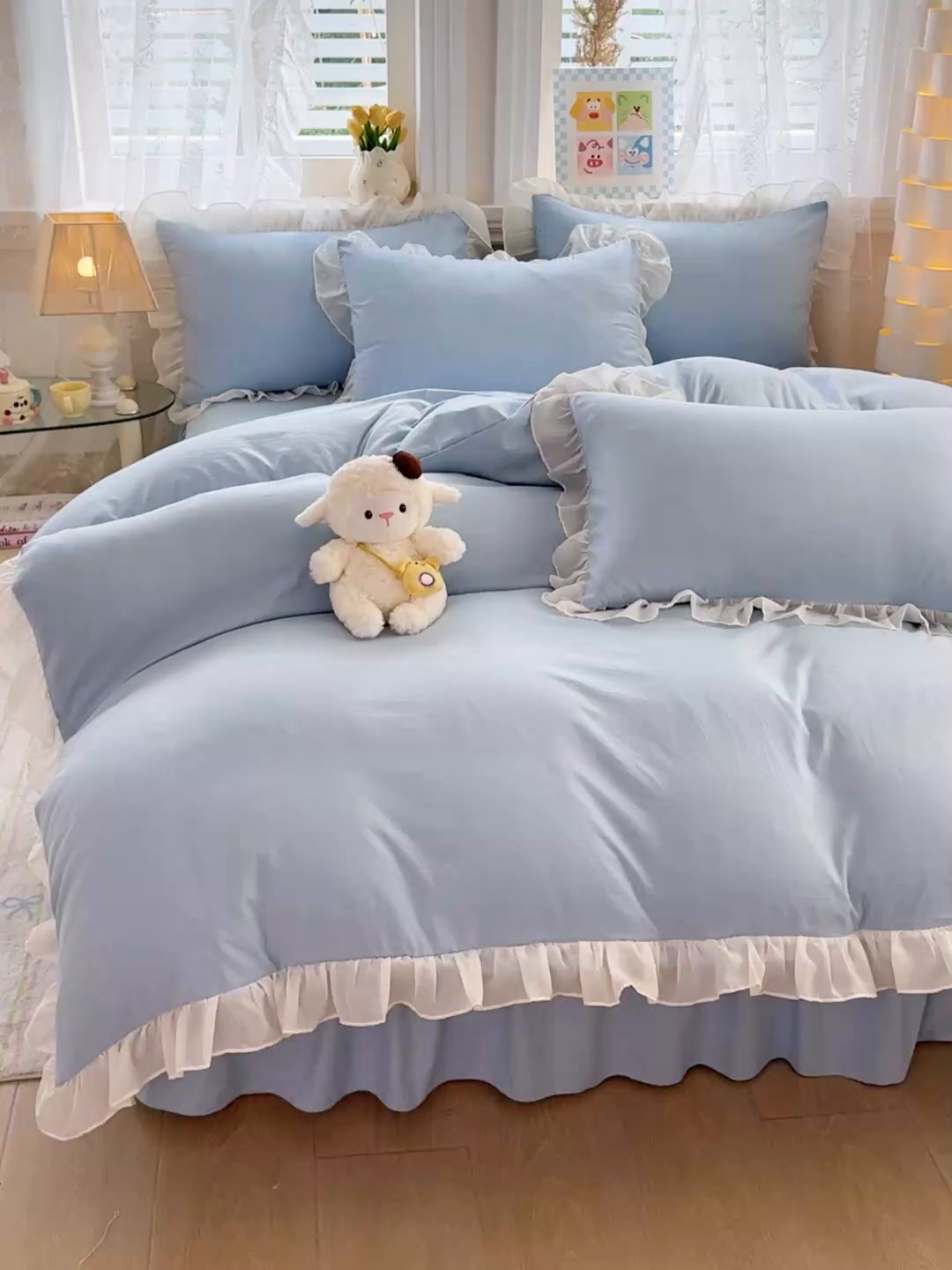 91家纺网 家纺一手货源 找家纺 博弈家纺 2025新款小清新温柔公主风加厚水洗棉床裙床上四件套 花边纯色—奶蓝