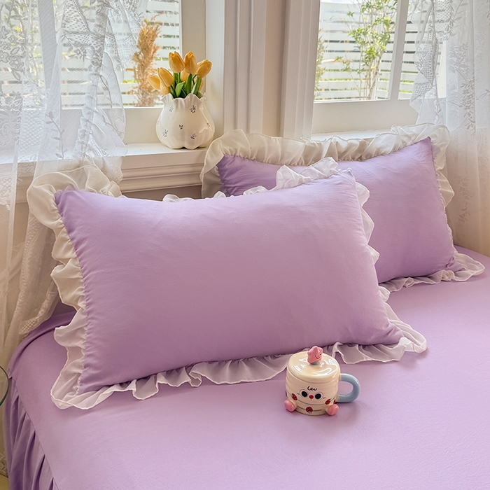 91家纺网 家纺一手货源 找家纺 博弈家纺 2025新款小清新温柔公主风加厚水洗棉床裙床上四件套 花边纯色—葡萄紫