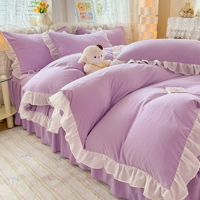 91家纺网 家纺一手货源 找家纺 博弈家纺 2025新款小清新温柔公主风加厚水洗棉床裙床上四件套 花边纯色—葡萄紫