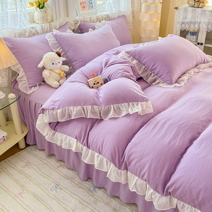 91家纺网 家纺一手货源 找家纺 博弈家纺 2025新款小清新温柔公主风加厚水洗棉床裙床上四件套 花边纯色—葡萄紫