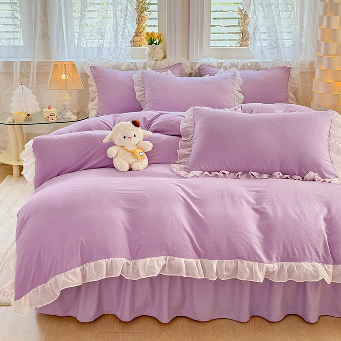 91家纺网 家纺一手货源 找家纺 博弈家纺 2025新款小清新温柔公主风加厚水洗棉床裙床上四件套 花边纯色—葡萄紫