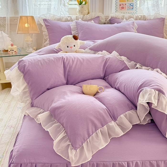 91家纺网 家纺一手货源 找家纺 博弈家纺 2025新款小清新温柔公主风加厚水洗棉床裙床上四件套 花边纯色—葡萄紫