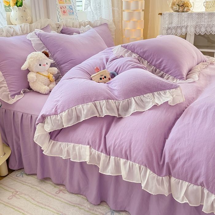 91家纺网 家纺一手货源 找家纺 博弈家纺 2025新款小清新温柔公主风加厚水洗棉床裙床上四件套 花边纯色—葡萄紫