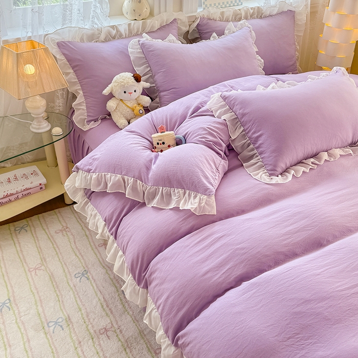 91家纺网 家纺一手货源 找家纺 博弈家纺 2025新款小清新温柔公主风加厚水洗棉床裙床上四件套 花边纯色—葡萄紫