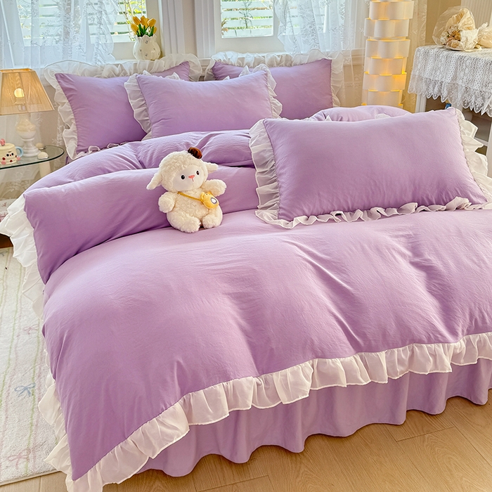 91家纺网 家纺一手货源 找家纺 博弈家纺 2025新款小清新温柔公主风加厚水洗棉床裙床上四件套 花边纯色—葡萄紫