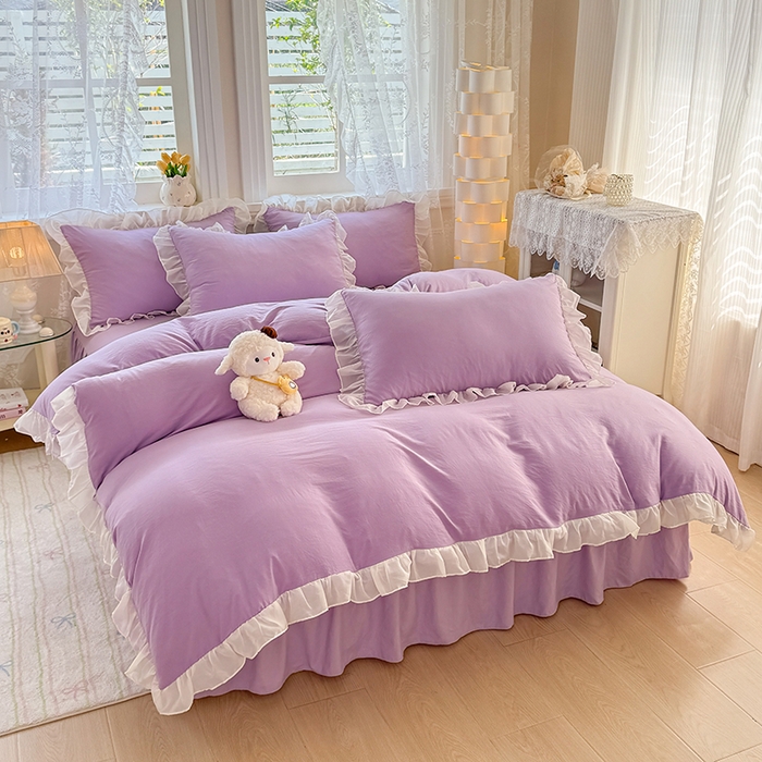 91家纺网 家纺一手货源 找家纺 博弈家纺 2025新款小清新温柔公主风加厚水洗棉床裙床上四件套 花边纯色—葡萄紫