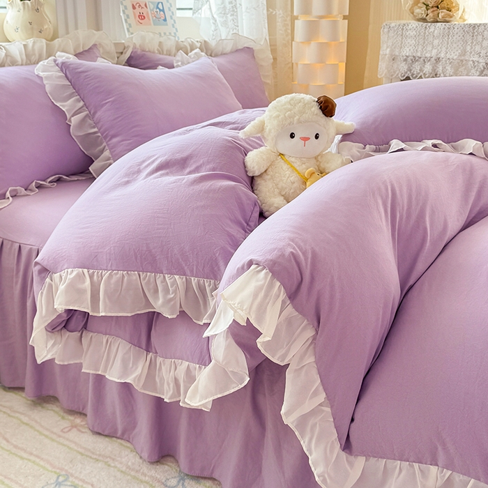 91家纺网 家纺一手货源 找家纺 博弈家纺 2025新款小清新温柔公主风加厚水洗棉床裙床上四件套 花边纯色—葡萄紫