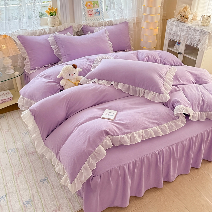 91家纺网 家纺一手货源 找家纺 博弈家纺 2025新款小清新温柔公主风加厚水洗棉床裙床上四件套 花边纯色—葡萄紫