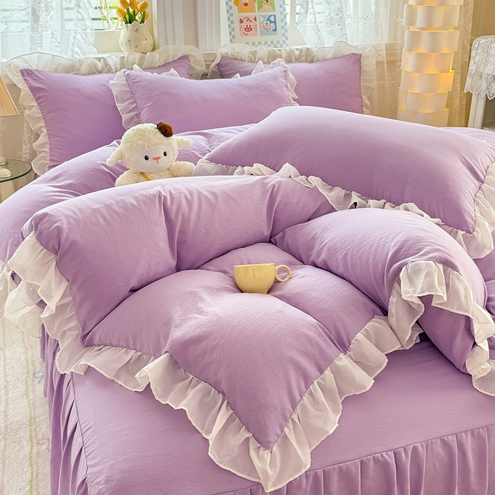 91家纺网 家纺一手货源 找家纺 博弈家纺 2025新款小清新温柔公主风加厚水洗棉床裙床上四件套 花边纯色—葡萄紫