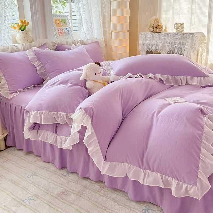 91家纺网 家纺一手货源 找家纺 博弈家纺 2025新款小清新温柔公主风加厚水洗棉床裙床上四件套 花边纯色—葡萄紫