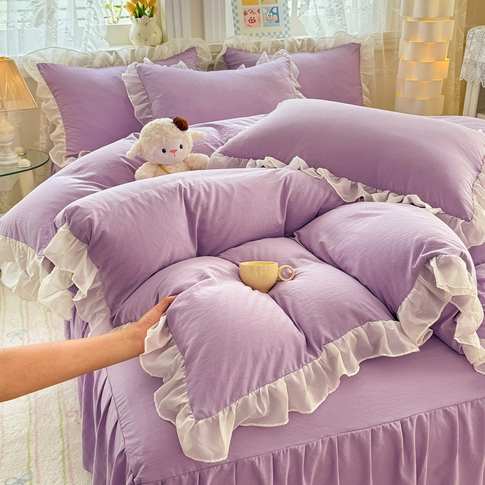 91家纺网 家纺一手货源 找家纺 博弈家纺 2025新款小清新温柔公主风加厚水洗棉床裙床上四件套 花边纯色—葡萄紫