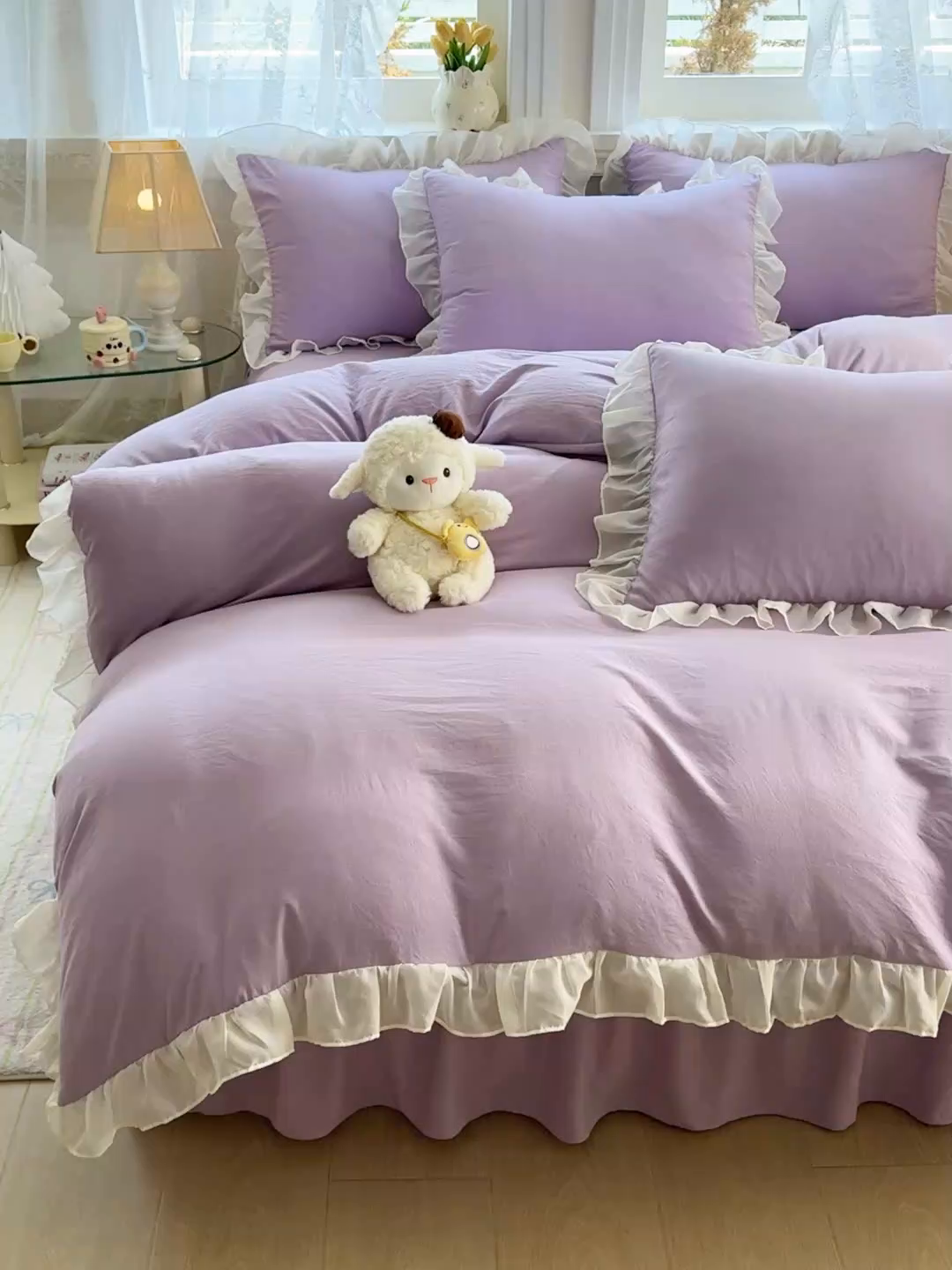 91家纺网 家纺一手货源 找家纺 博弈家纺 2025新款小清新温柔公主风加厚水洗棉床裙床上四件套 花边纯色—葡萄紫