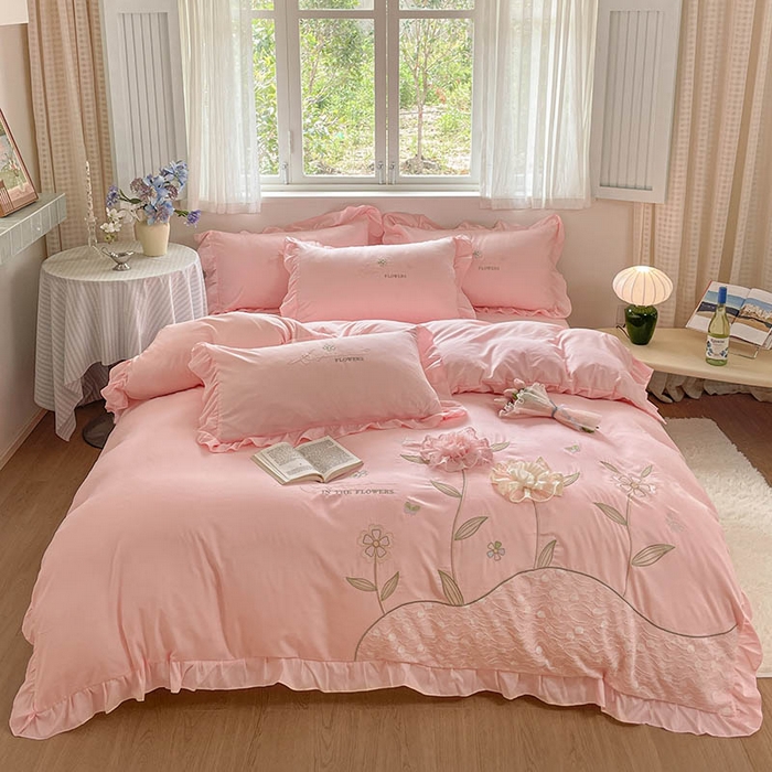 91家纺网 家纺一手货源 找家纺 ab家纺 2025新款丽芙塔水洗棉蕾丝绣花四件套 丽芙塔-梦幻粉