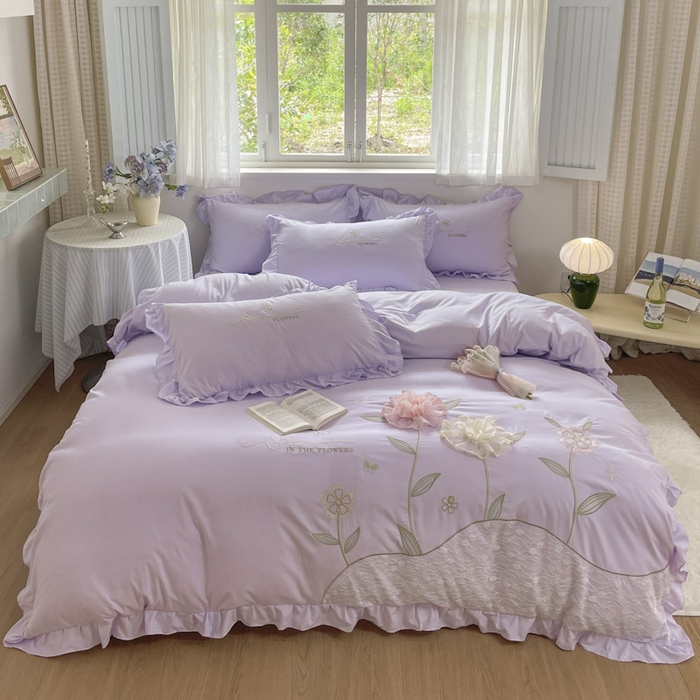 91家纺网 家纺一手货源 找家纺 ab家纺 2025新款丽芙塔水洗棉蕾丝绣花四件套 丽芙塔-香芋紫