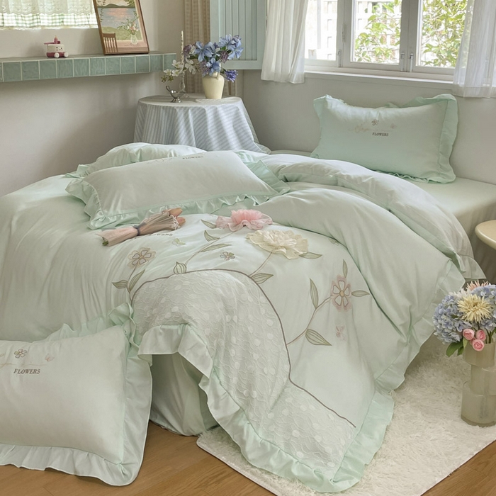 91家纺网 家纺一手货源 找家纺 ab家纺 2025新款丽芙塔水洗棉蕾丝绣花四件套 丽芙塔 -水绿