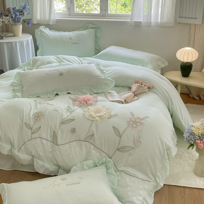 91家纺网 家纺一手货源 找家纺 ab家纺 2025新款丽芙塔水洗棉蕾丝绣花四件套 丽芙塔 -水绿