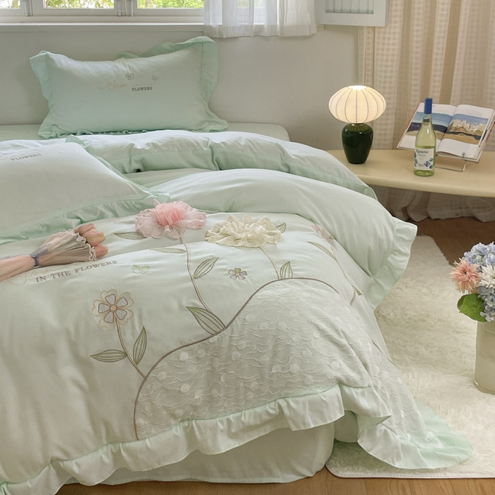 91家纺网 家纺一手货源 找家纺 ab家纺 2025新款丽芙塔水洗棉蕾丝绣花四件套 丽芙塔 -水绿