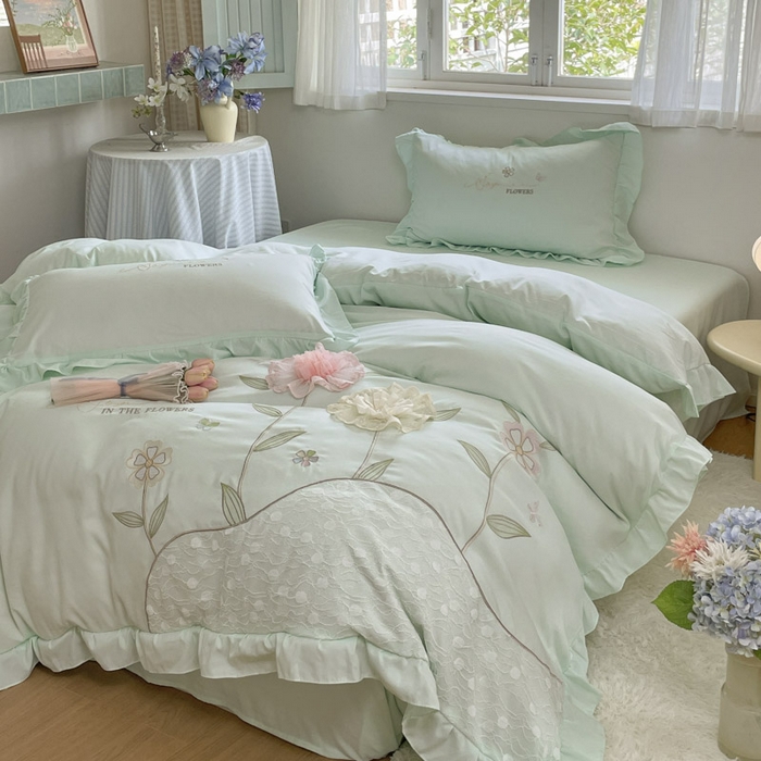 91家纺网 家纺一手货源 找家纺 ab家纺 2025新款丽芙塔水洗棉蕾丝绣花四件套 丽芙塔 -水绿