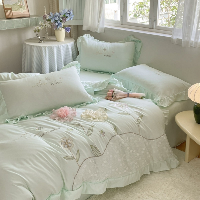 91家纺网 家纺一手货源 找家纺 ab家纺 2025新款丽芙塔水洗棉蕾丝绣花四件套 丽芙塔 -水绿