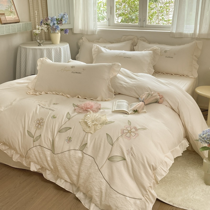 91家纺网 家纺一手货源 找家纺 ab家纺 2025新款丽芙塔水洗棉蕾丝绣花四件套 丽芙塔 -淡奶油