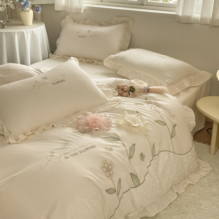 91家纺网 家纺一手货源 找家纺 ab家纺 2025新款丽芙塔水洗棉蕾丝绣花四件套 丽芙塔 -淡奶油