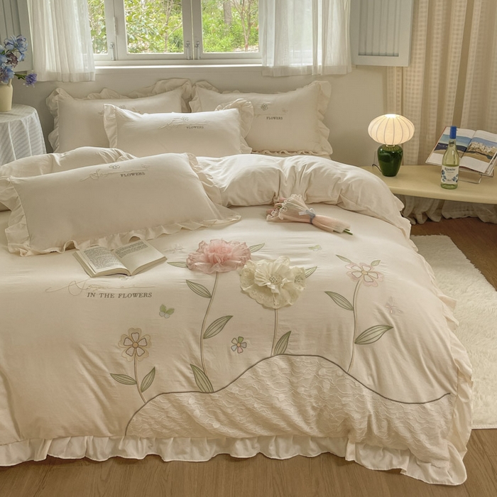 91家纺网 家纺一手货源 找家纺 ab家纺 2025新款丽芙塔水洗棉蕾丝绣花四件套 丽芙塔 -淡奶油