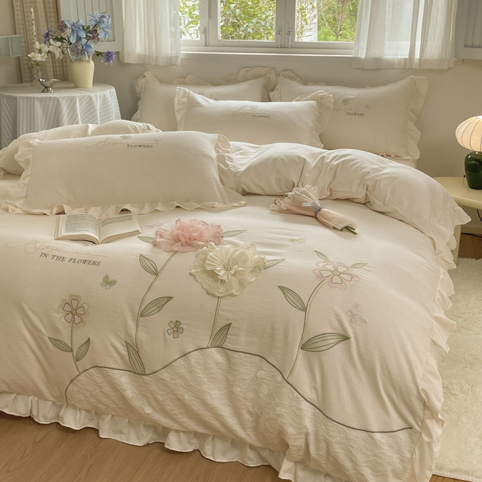 91家纺网 家纺一手货源 找家纺 ab家纺 2025新款丽芙塔水洗棉蕾丝绣花四件套 丽芙塔 -淡奶油