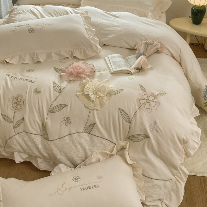 91家纺网 家纺一手货源 找家纺 ab家纺 2025新款丽芙塔水洗棉蕾丝绣花四件套 丽芙塔 -淡奶油