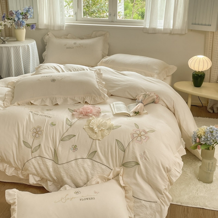 91家纺网 家纺一手货源 找家纺 ab家纺 2025新款丽芙塔水洗棉蕾丝绣花四件套 丽芙塔 -淡奶油