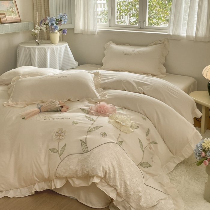 91家纺网 家纺一手货源 找家纺 ab家纺 2025新款丽芙塔水洗棉蕾丝绣花四件套 丽芙塔 -淡奶油