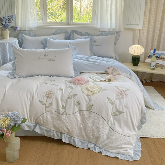 91家纺网 家纺一手货源 找家纺 ab家纺 2025新款丽芙塔水洗棉蕾丝绣花四件套 丽芙塔-蓝日