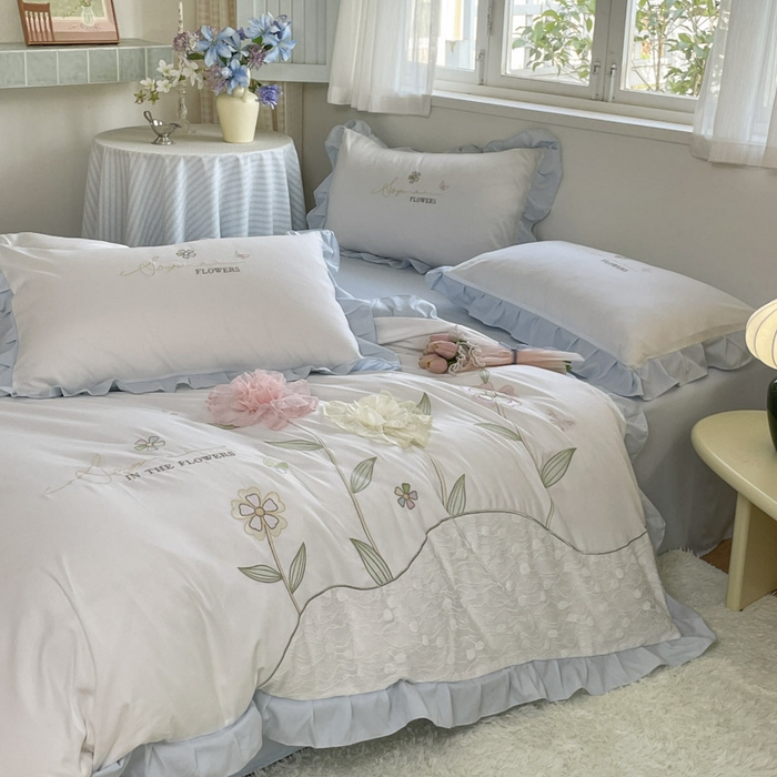 91家纺网 家纺一手货源 找家纺 ab家纺 2025新款丽芙塔水洗棉蕾丝绣花四件套 丽芙塔-蓝日