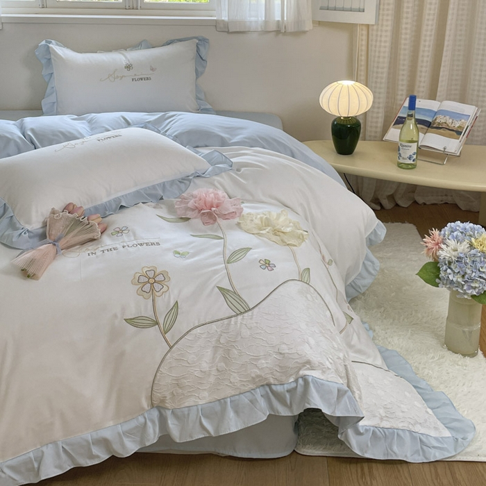 91家纺网 家纺一手货源 找家纺 ab家纺 2025新款丽芙塔水洗棉蕾丝绣花四件套 丽芙塔-蓝日